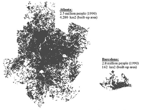 Masa urbană a Atlantei şi a Barcelonei, la aceiaşi scară