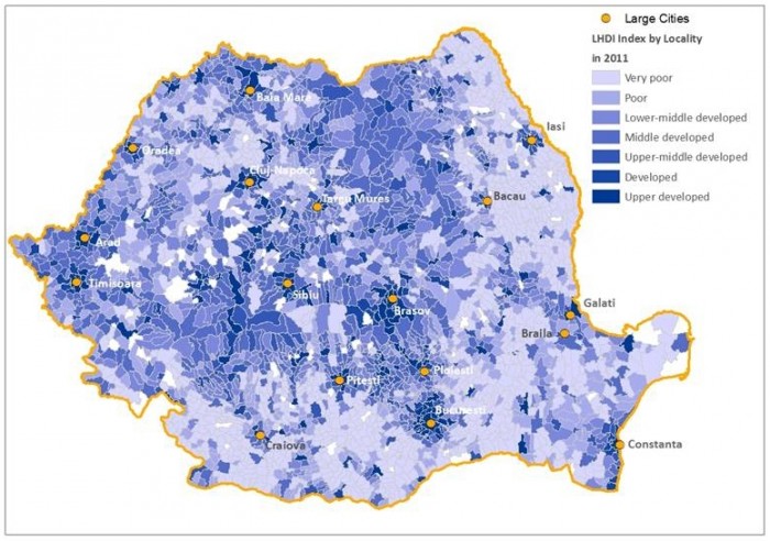 Indicele de Dezvoltare Umană Locală este ridicat în jurul centrelor urbane dinamice