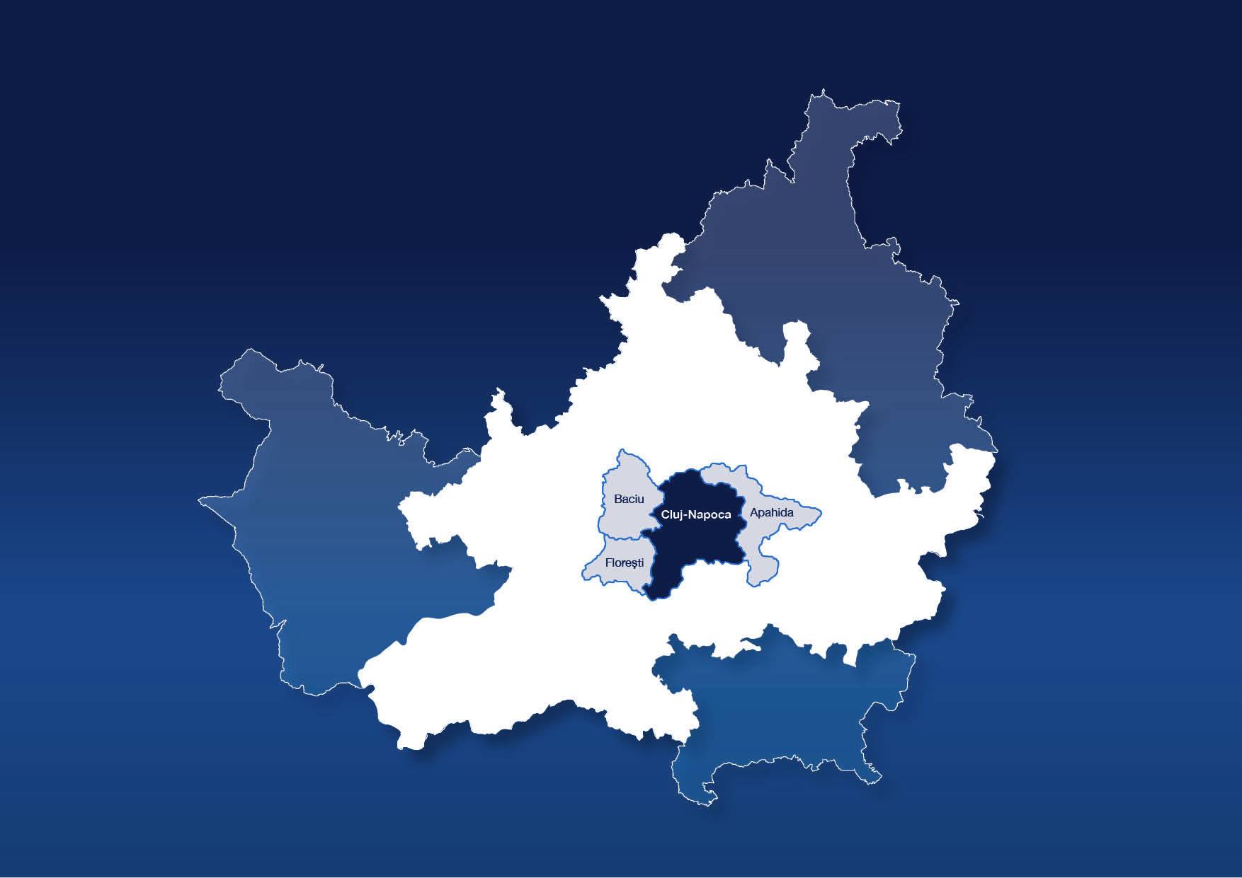 Contopirea administrativă a municipiului Cluj-Napoca cu comunele Florești, Apahida și Baciu.